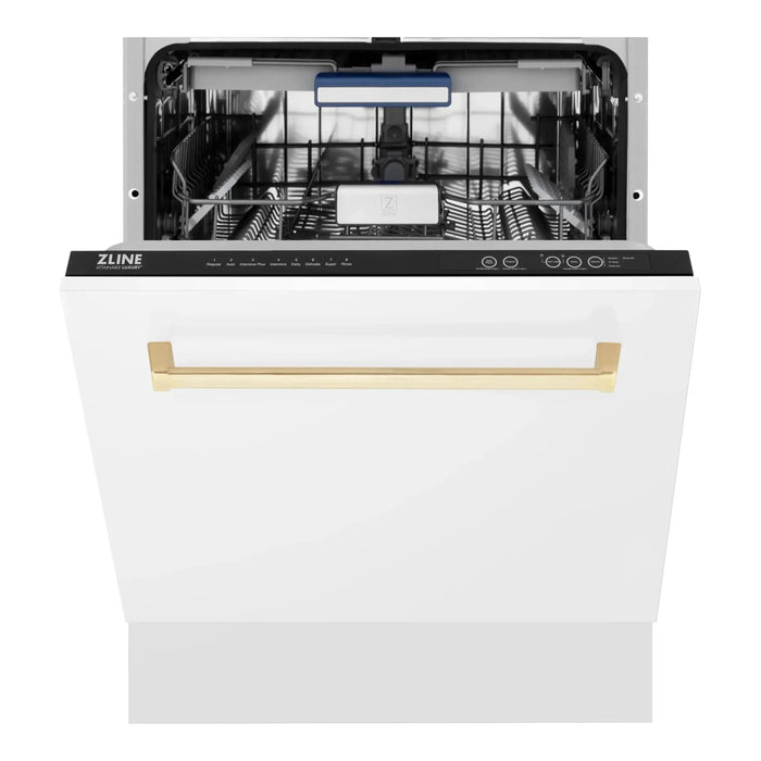 ZLINE Autograph Series 24 inch Tall Dishwasher in White Matte with Gold Handle, DWVZ-WM-24-G