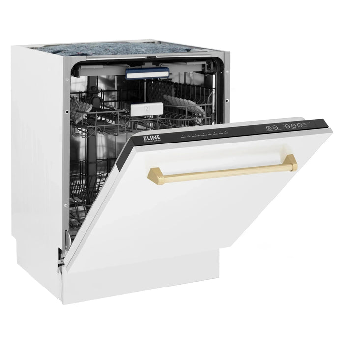 ZLINE Autograph Series 24 inch Tall Dishwasher in White Matte with Gold Handle, DWVZ-WM-24-G