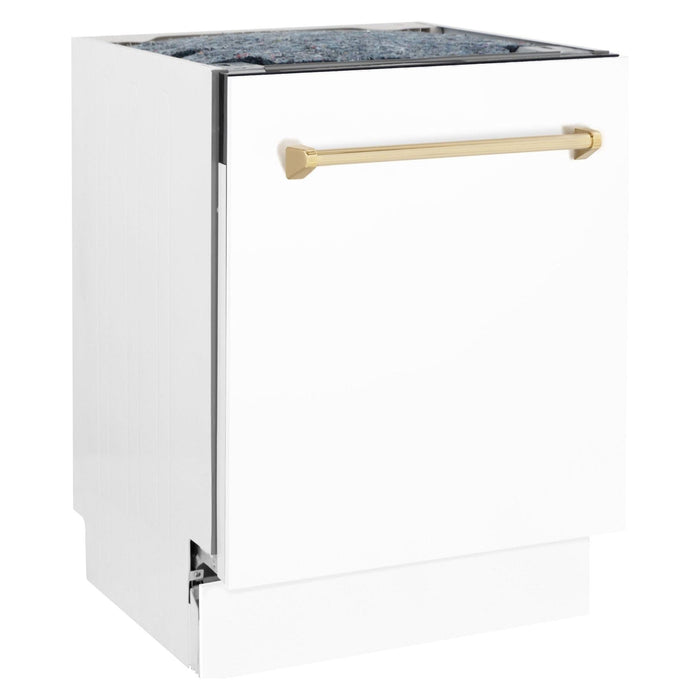 ZLINE Autograph Series 24 inch Tall Dishwasher in White Matte with Gold Handle, DWVZ-WM-24-G