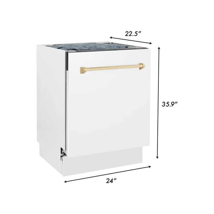 ZLINE Autograph Series 24 inch Tall Dishwasher in White Matte with Gold Handle, DWVZ-WM-24-G