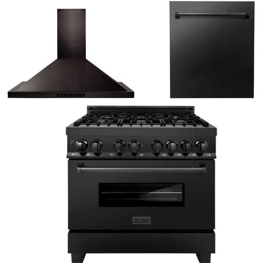 ZLINE Black Stainless Steel 36 Range, 36 Range Hood and Dishwasher Appliance Package