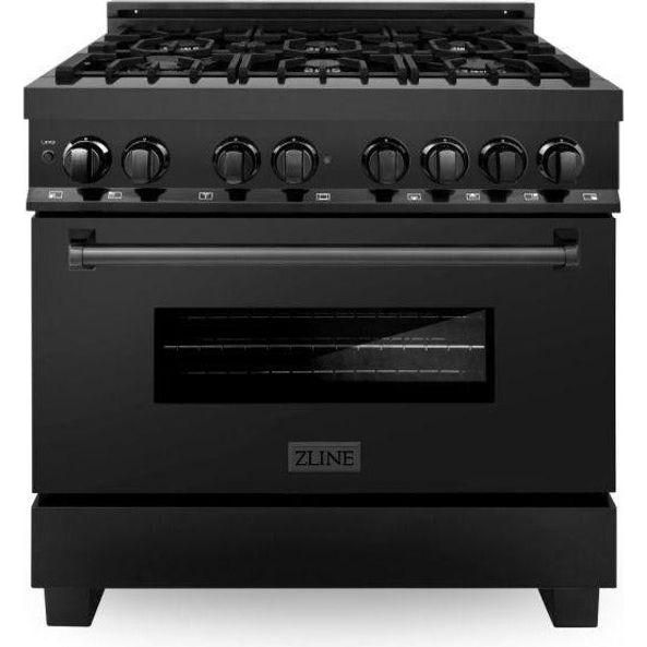 ZLINE Black Stainless Steel 36 Range, 36 Range Hood and Dishwasher Appliance Package