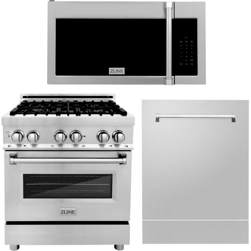 ZLINE Kitchen and Bath 30 in. Kitchen Appliance Package with Stainless Steel Dual Fuel Range, Traditional Over The Range Microwave and Tall Tub Dishwasher, 3KP-RAOTRH30-DWV