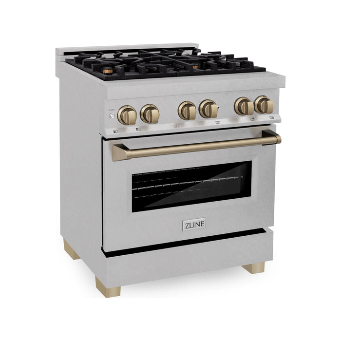 ZLINE Kitchen and Bath 30 Inch Autograph Edition Dual Fuel Range In DuraSnow Stainless Steel with Champagne Bronze Accents RASZ-SN-30-CB