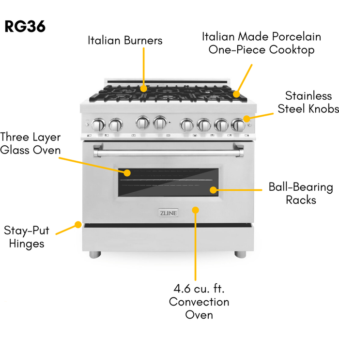 ZLINE Kitchen and Bath 4-Piece Appliance Package - 36 In. Gas Range, Range Hood, Refrigerator with Water and Ice Dispenser, and Dishwasher in Stainless Steel, 4KPRW-RGRH36-DWV