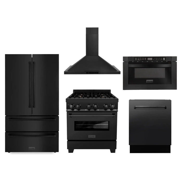 ZLINE Kitchen and Bath Appliance Package - 30 in. Dual Fuel Range, Range Hood, Microwave Drawer, Dishwasher, Refrigerator in Black Stainless, 5KPR-RABRH-MWDWV