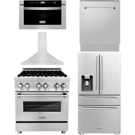 ZLINE Kitchen and Bath Appliance Package - 30 in. Dual Fuel Range, Range Hood, Microwave Drawer, Dishwasher, Refrigerator with Water and Ice Dispenser, 5KPRW-RARH30-MWDWV