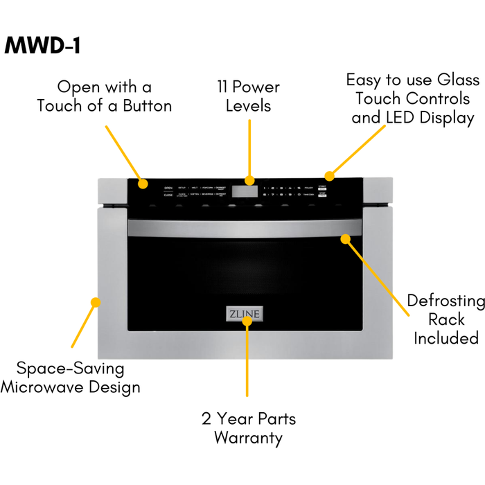 ZLINE Kitchen and Bath Appliance Package - 30 in. Dual Fuel Range, Range Hood, Microwave Drawer, Dishwasher, Refrigerator with Water and Ice Dispenser, 5KPRW-RARH30-MWDWV