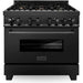 ZLINE Kitchen and Bath Appliance Package - 36 in. Dual Fuel Range, Range Hood, Microwave Drawer, Refrigerator in Black Stainless, 4KPR-RABRH36-MW