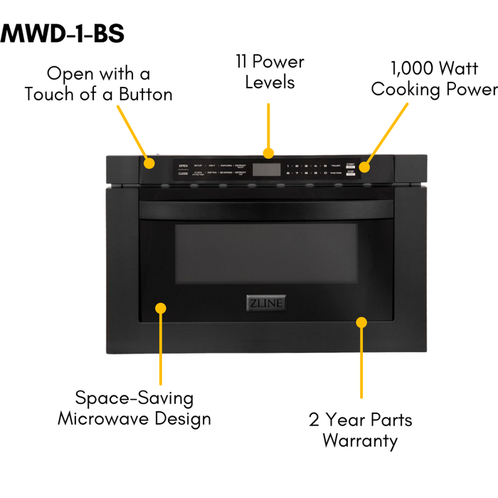 ZLINE Kitchen and Bath Appliance Package - 36 in. Dual Fuel Range, Range Hood, Microwave Drawer, Refrigerator in Black Stainless, 4KPR-RABRH36-MW