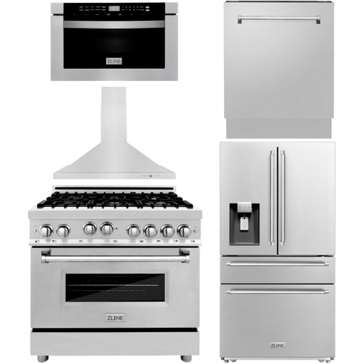 ZLINE Kitchen and Bath Appliance Package - 36 In. Gas Range, Range Hood, Microwave Drawer, Refrigerator with Water and Ice Dispenser and Dishwasher in Stainless Steel, 5KPRW-RGRH36-MWDWV