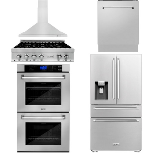 ZLINE Kitchen and Bath Appliance Package - 36 In. Gas Rangetop, Range Hood, Refrigerator with Water and Ice Dispenser, Dishwasher and Double Wall Oven in Stainless Steel, 5KPRW-RTRH36-AWDDWV