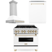 ZLINE Kitchen and Bath Autograph Package - 36 In. Dual Fuel Range, Range Hood, Dishwasher in White Matte with Gold Accents, 3AKP-RAWMRHDWM36-G