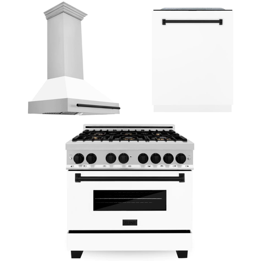 ZLINE Kitchen and Bath Autograph Package - 36 In. Dual Fuel Range, Range Hood, Dishwasher in White Matte with Matte Black Accents, 3AKP-RAWMRHDWM36-MB