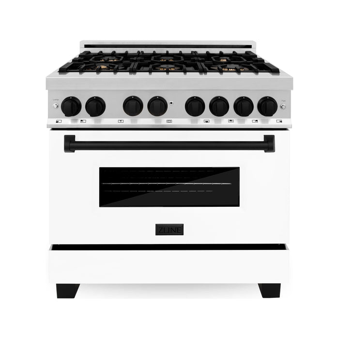 ZLINE Kitchen and Bath Autograph Package - 36 In. Dual Fuel Range, Range Hood, Dishwasher in White Matte with Matte Black Accents, 3AKP-RAWMRHDWM36-MB