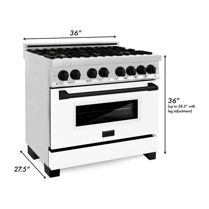 ZLINE Kitchen and Bath Autograph Package - 36 In. Dual Fuel Range, Range Hood, Dishwasher in White Matte with Matte Black Accents, 3AKP-RAWMRHDWM36-MB