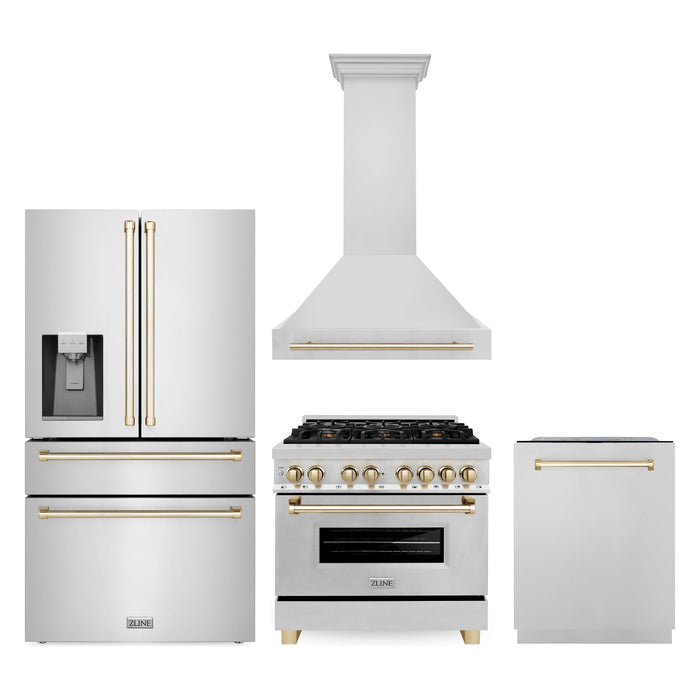 ZLINE Kitchen and Bath Autograph Package - 36 In. Dual Fuel Range, Range Hood, Dishwasher, Refrigerator with Water and Ice Dispenser in Stainless Steel with Gold Accents, 4AKPR-RARHDWM36-G