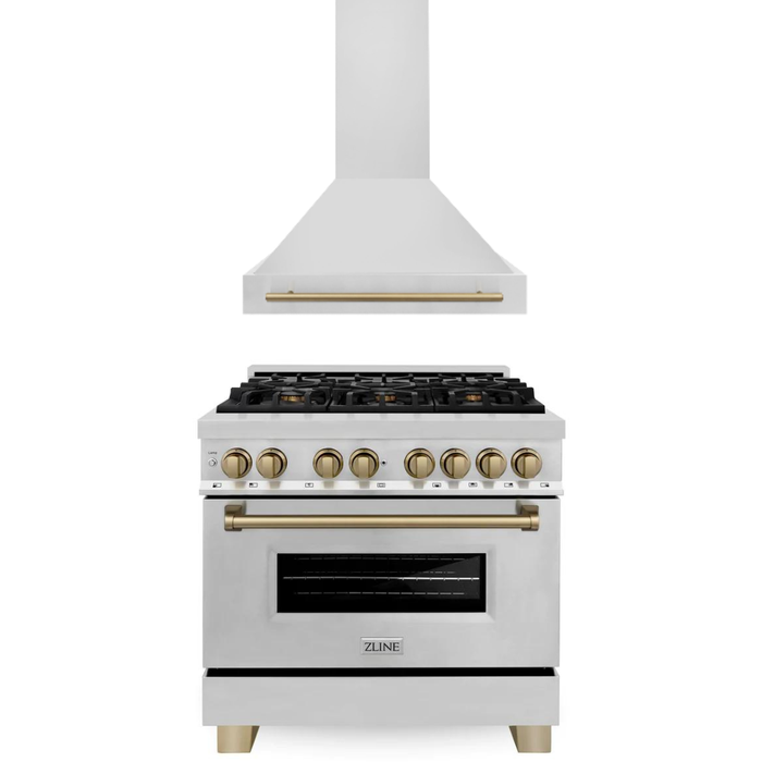 ZLINE Kitchen and Bath Autograph Package - 36 In. Dual Fuel Range, Range Hood in Stainless Steel with Champagne Bronze Accents, 2AKP-RARH36-CB