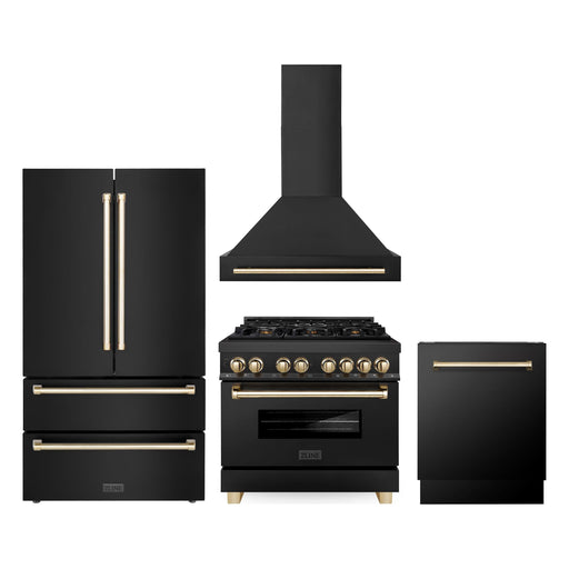 ZLINE Kitchen and Bath Autograph Package - 36 In. Dual Fuel Range, Range Hood, Refrigerator, and Dishwasher in Black Stainless Steel with Gold Accents, 4AKPR-RABRHDWV36-G