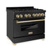 ZLINE Kitchen and Bath Autograph Package - 36 In. Dual Fuel Range, Range Hood, Refrigerator, and Dishwasher in Black Stainless Steel with Gold Accents, 4AKPR-RABRHDWV36-G