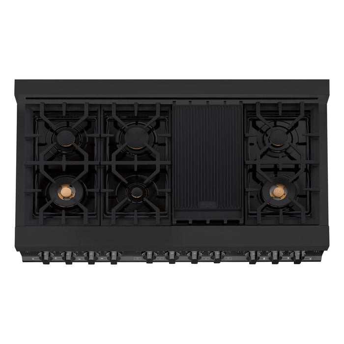 ZLINE Kitchen Appliance Package - 48 In. Gas Range with Brass Burners, Range Hood and Microwave Oven in Black Stainless Steel, 3KP-RGBRHMWO-48