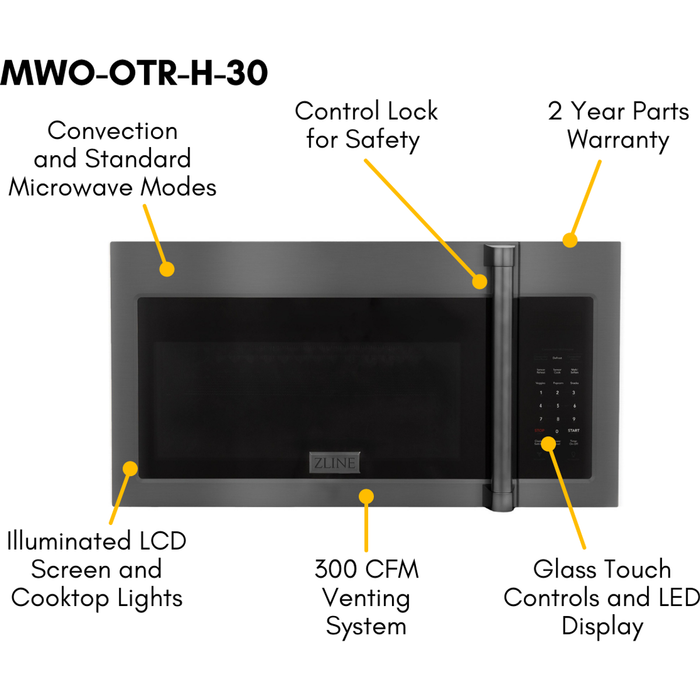 ZLINE Over the Range Convection Microwave Oven in Black Stainless Steel with Traditional Handle and Sensor Cooking, MWO-OTR-H-30-BS